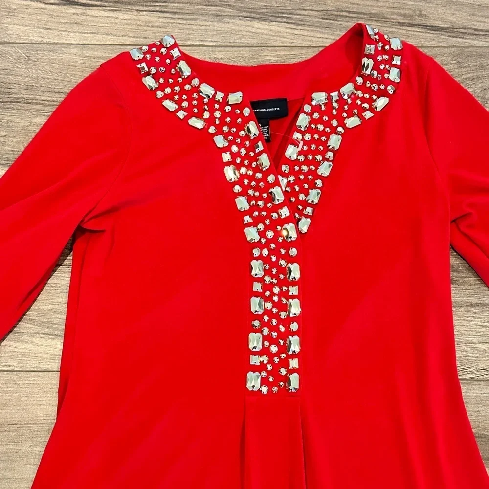 NWOT INC Red Beaded 3/4 Sleeve Tunic Small - Picture 4 of 6